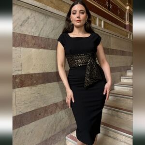 NWOT 1960s Manhattan Black Gold Pinup Evening Cocktail Dress House of Foxy